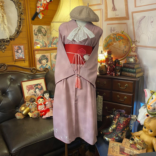 リメイク 着物 和装 昭和レトロ 長期保管品 リメイク素材 帯 リメイク 着物 ワンピース 化繊 洗える 名古屋帯ベルト 和洋折衷