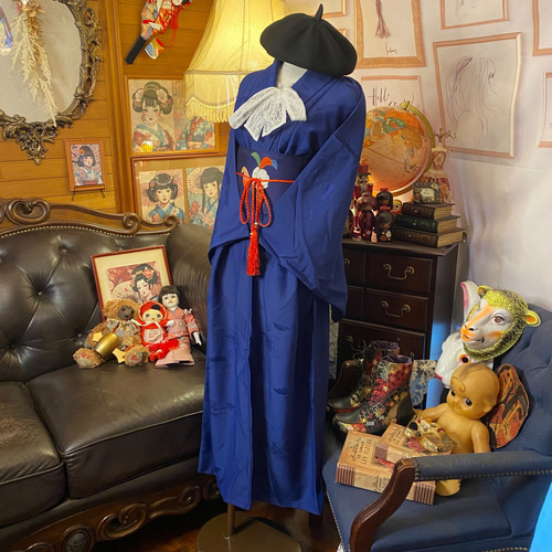 リメイク 着物 ロング丈 ワンピース 帯ベルト 和洋折衷 色無地×深い