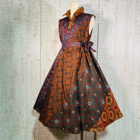 大島紬リメイクワンピーステントラインワンピースM〜L ノースリーブ