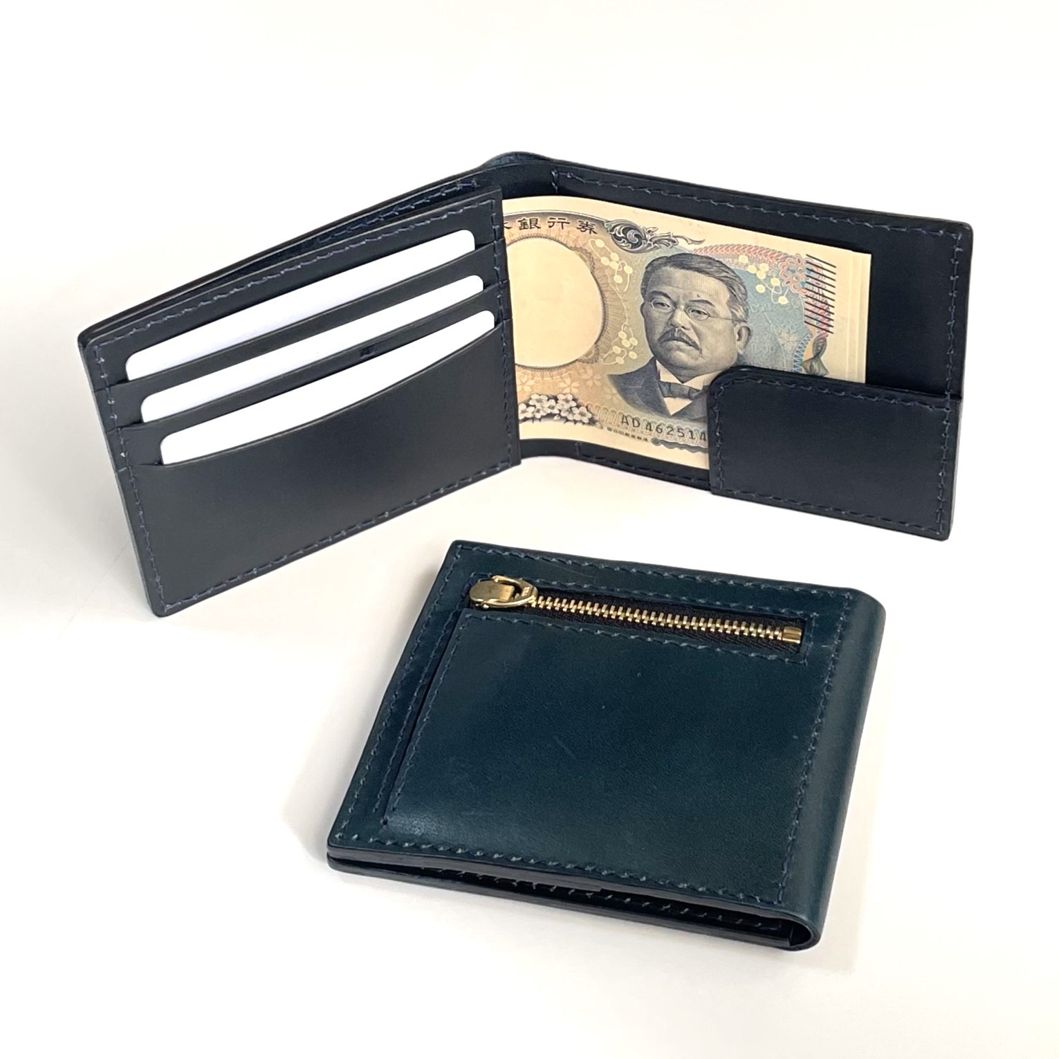 【極薄二つ折り財布】ミニ財布　ミニマムウォレット　本革･手縫い（ネイビー）