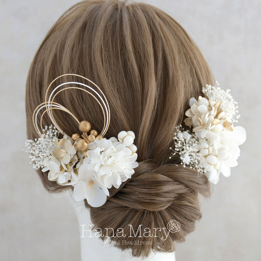 袴　白　ゴールド　水引きアレンジ　和装　白無垢　水引き　卒業式　成人式 髪飾り ゴールド　前撮り用　成人式用