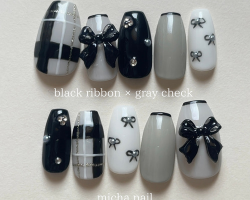 サイズオーダー】リボン チェック グレー ネイルチップ ネイル
