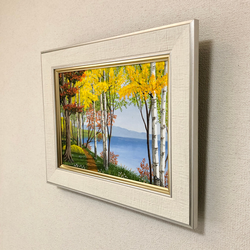 秋の湖畔02」アクリル画 額縁付 原画 キャンバス F4サイズ 風景