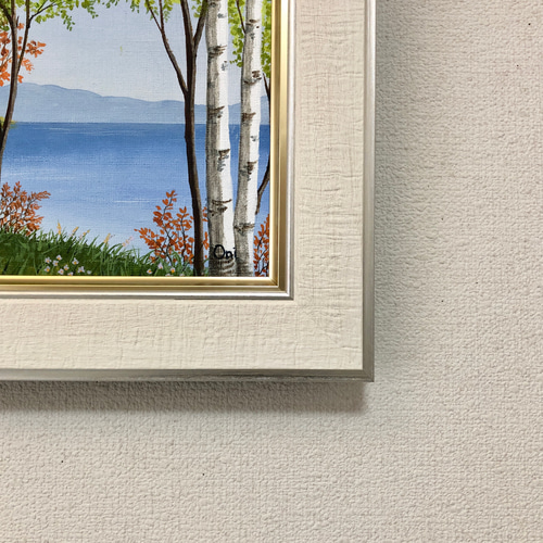 アクリル画　原画　「秋の湖畔」額縁付　F3サイズ　キャンバス　風景画 秋の湖畔02」アクリル画 額縁付 原画 キャンバス F4サイズ 風景