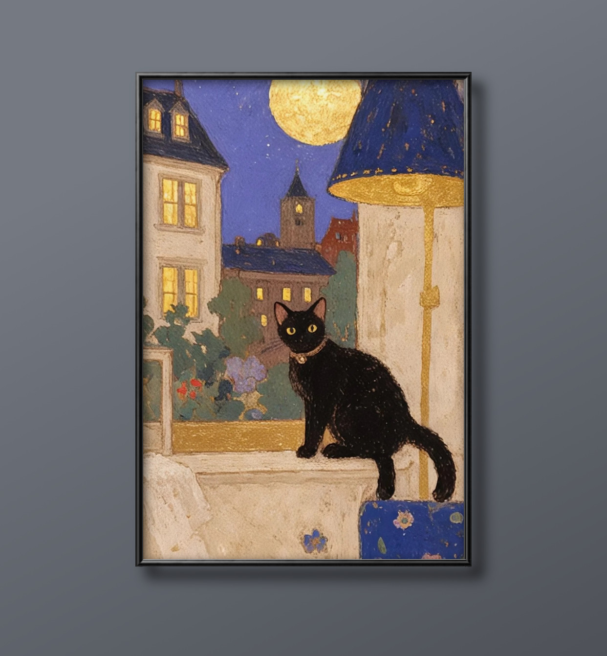 絵画。原画☆キャンバス F10【夜、黒猫が星を抱いて願い事をする】