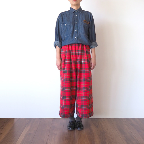 ワイドパンツ タータンチェック(レッド） キュロット・ワイド