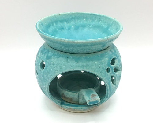 花紋 緑の茶香炉（陶器、トルコ釉使用 あらめ肌