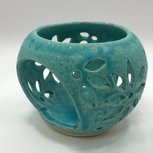 花紋 緑の茶香炉（陶器、トルコ釉使用 あらめ肌