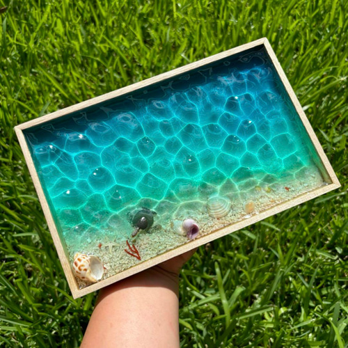 波紋木製トレー ホヌ付き レジンアート オーシャンアート 海アート