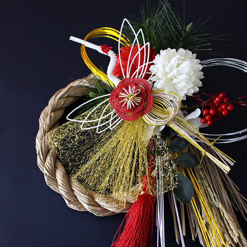 2026しめ縄飾り 鶴梅・紅白迎春飾り【アーティフィシャルフラワー】冬