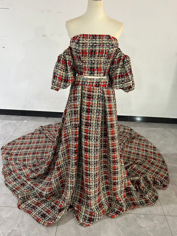 人気上昇！ツイードドレス カラードレス レッドブラック チェックの  