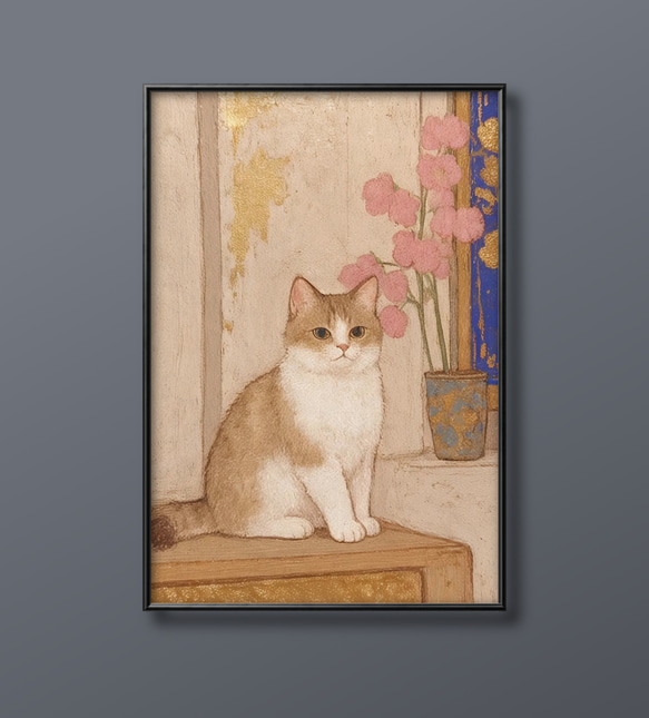 絵画。原画【猫ちゃんは鳥と一緒にお菓子を楽しく食べます】 原画 「ねこと小鳥のフラワーガーデン（クリムトへのオマージュ