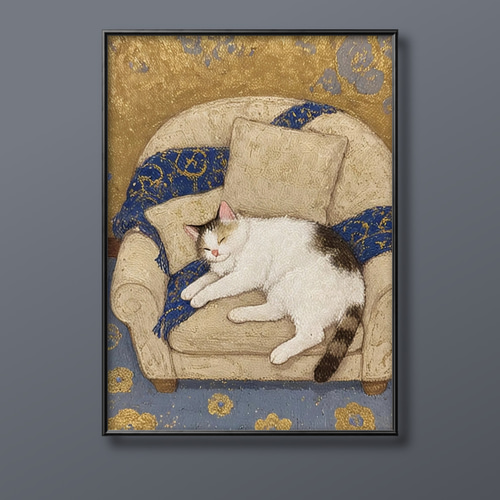 油絵 寝る猫