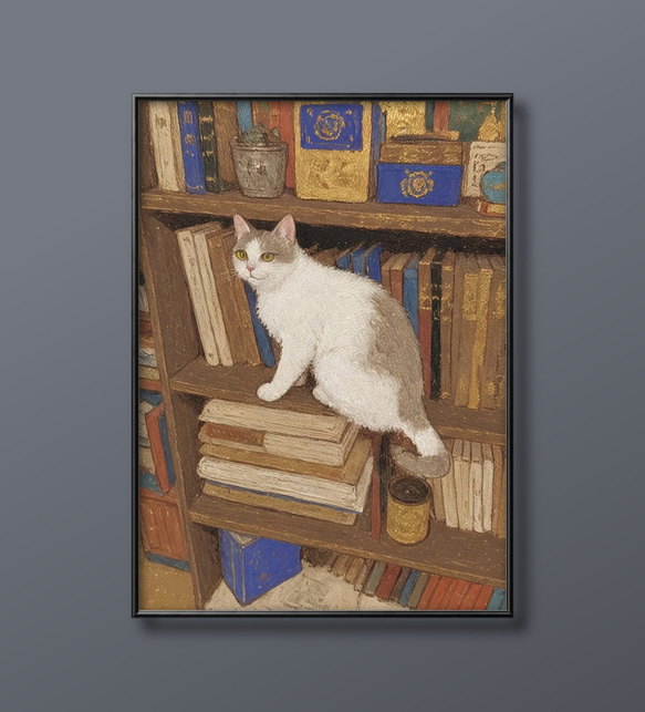 本棚のリアリズム絵画 木製フレーム付き 本棚のリアリズム絵画 木製フレーム付き