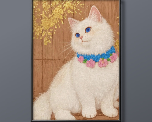 最新発見 油絵◇画家の描いた絵画作品◇白猫好きな方に♪ 絵画