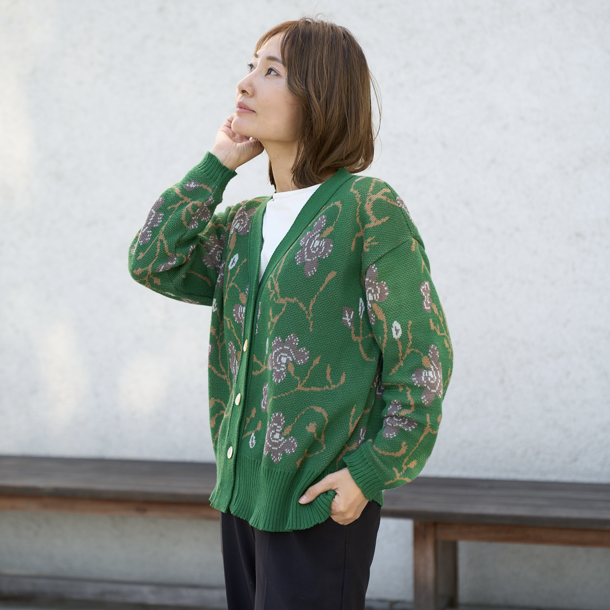ﾓﾘﾉｶﾞｯｺｳ 洗える強度コットンカーディガン (花柄グリーン) オフィスカーディガン｜mg-nt07-hr