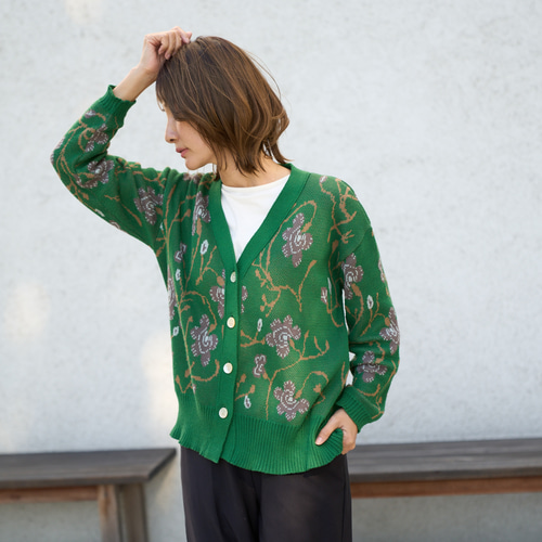 ﾓﾘﾉｶﾞｯｺｳ 洗える強度コットンカーディガン (花柄グリーン) オフィス