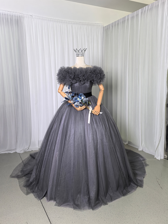 送料無料！カラードレス 取り外しオフショルダー グレー ベルト 大人っ  