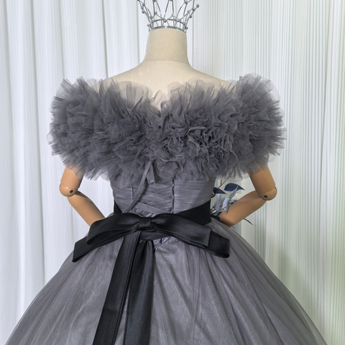 送料無料！カラードレス 取り外しオフショルダー グレー ベルト 大人っ  