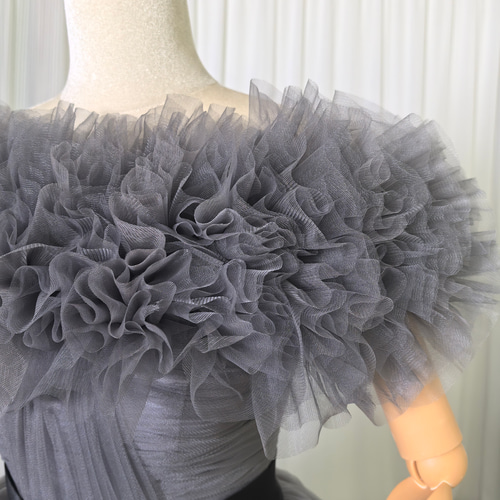 送料無料！カラードレス 取り外しオフショルダー グレー ベルト 大人っ  