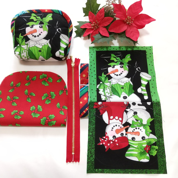 ♡キルティングポーチ♡ ハンドメイド　ロラライハリス 作成キット】 スノーマンのクリスマスポーチ キルトポーチ