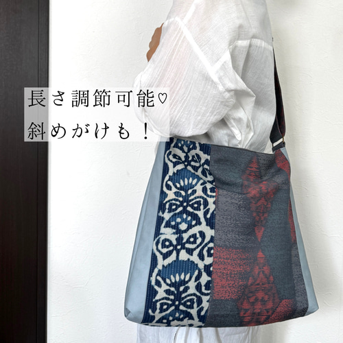 8800→7000yen＊2way♪インド布×着物＊大きめバッグ(藍染め