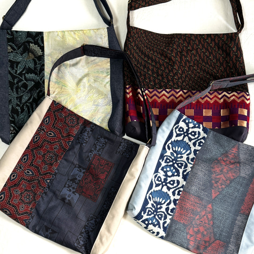 8800→7000yen＊2way♪インド布×着物＊大きめバッグ(藍染め