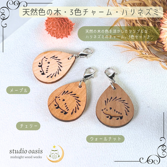 ✿春のお花畑のハリネズミ✿アクセサリーファスナーミニチャームキーホルダー✿ ハリネズミ 3色セットのファスナーチャーム 天然木のキーホルダー W25