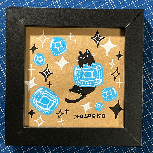 花と招き猫の作品画家小楠アキコサイズ19×24cm額付き