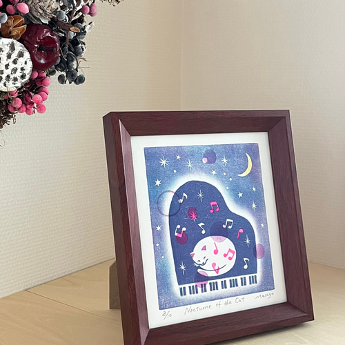 ピアノと猫の木版画 / 額入り / アート / インテリア 版画 Atelier