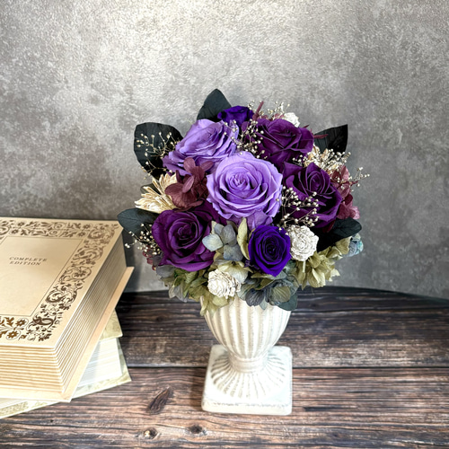 プリザーブドフラワーアレンジ パープルグラデーション 白陶器ベース