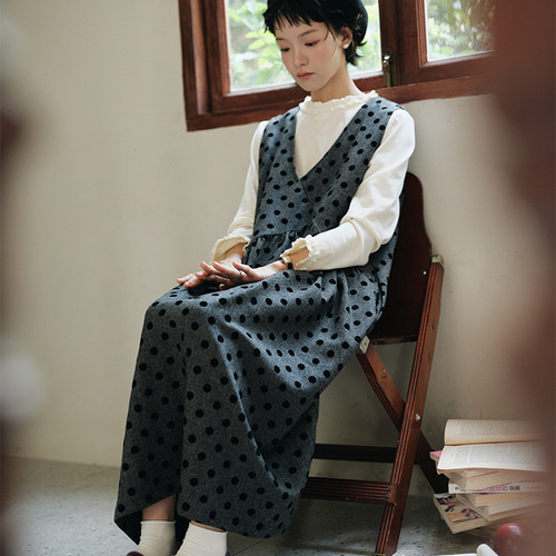 秋季新品 ドット柄 ノースリーブ ワンピース ゆったり ウエスト