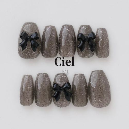 size order】ネイルチップ リボンネイル 黒ネイル シンプルネイル