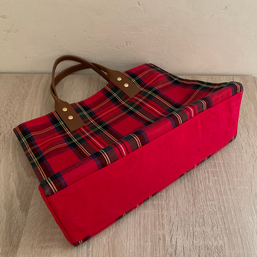 赤タータンチェック のスクエアミニトート 播州織 コットン トート