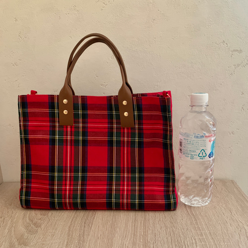 赤タータンチェック のスクエアミニトート 播州織 コットン トート