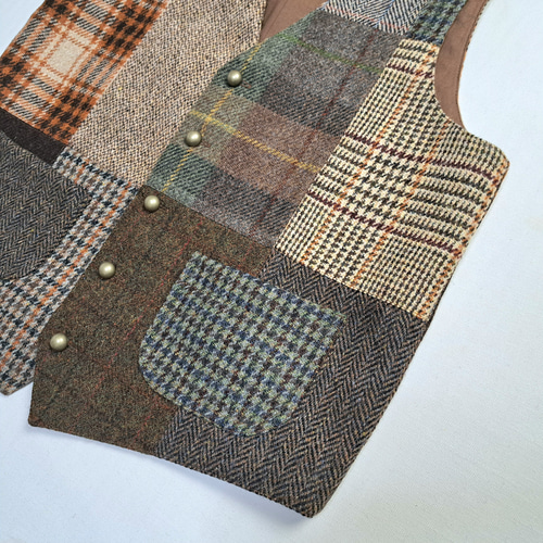 ハリスツイード パッチワーク ベスト ブラウン系 Harris Tweed