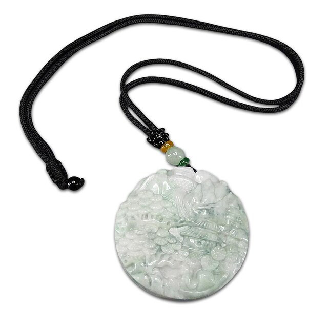 逸品緑入りひすい本翡翠風水風景彫りデカペンダント紐ネックレス大ミャンマー産