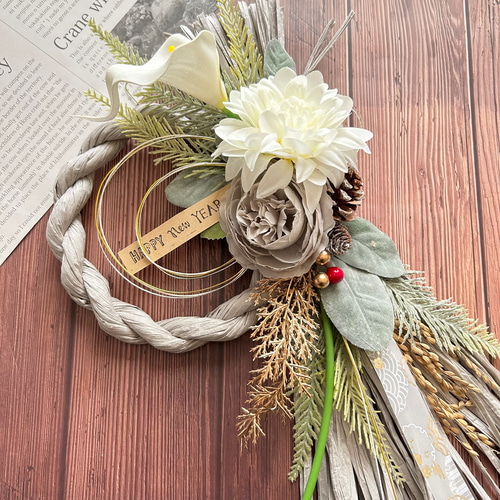 お正月✳︎大きなナチュラルしめ縄リース No.340 ピンポンマムのナチュラルスワッグしめ縄リース2025