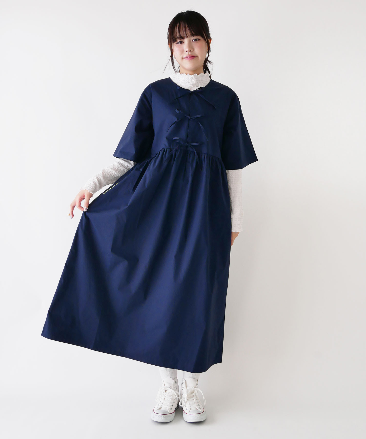 ルジルルン刺繍入りコットンブロード前リボンワンピース