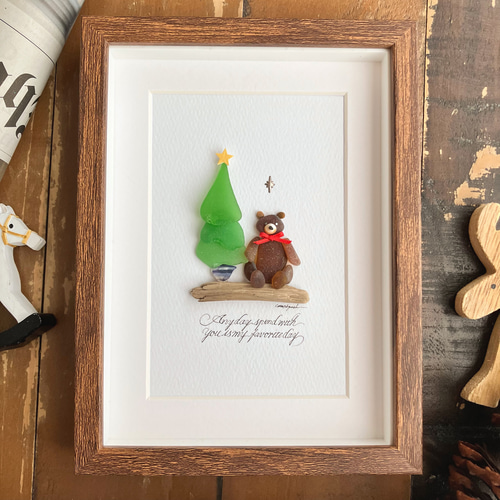 シーグラスアート テディベアともみの木 クリスマス雑貨 壁飾り くまの