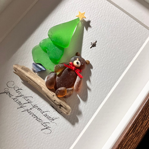 シーグラスアート テディベアともみの木 クリスマス雑貨 壁飾り くまの