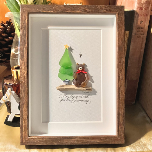 シーグラスアート テディベアともみの木 クリスマス雑貨 壁飾り くまの