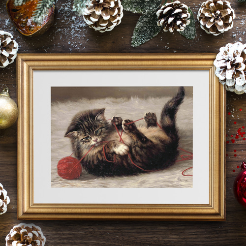 毛糸で遊ぶ子猫絵画アートポスター☆ネコ可愛いクリスマス癒し