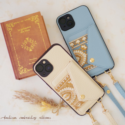 スマホショルダー付 インド刺繍リボン✴︎アイボリー or ブルー