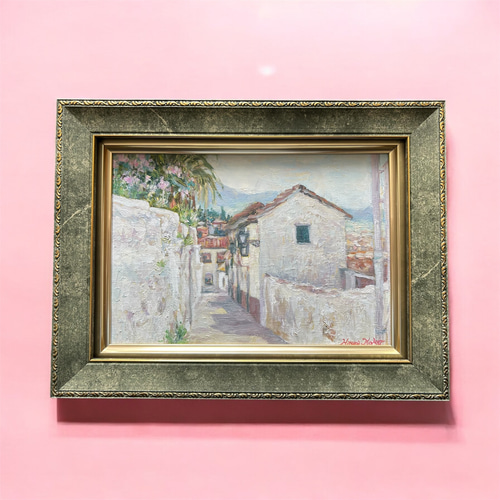 旅の途中(油絵SM、原画、スペイン、グラナダ、額付き) 絵画 アトリエま