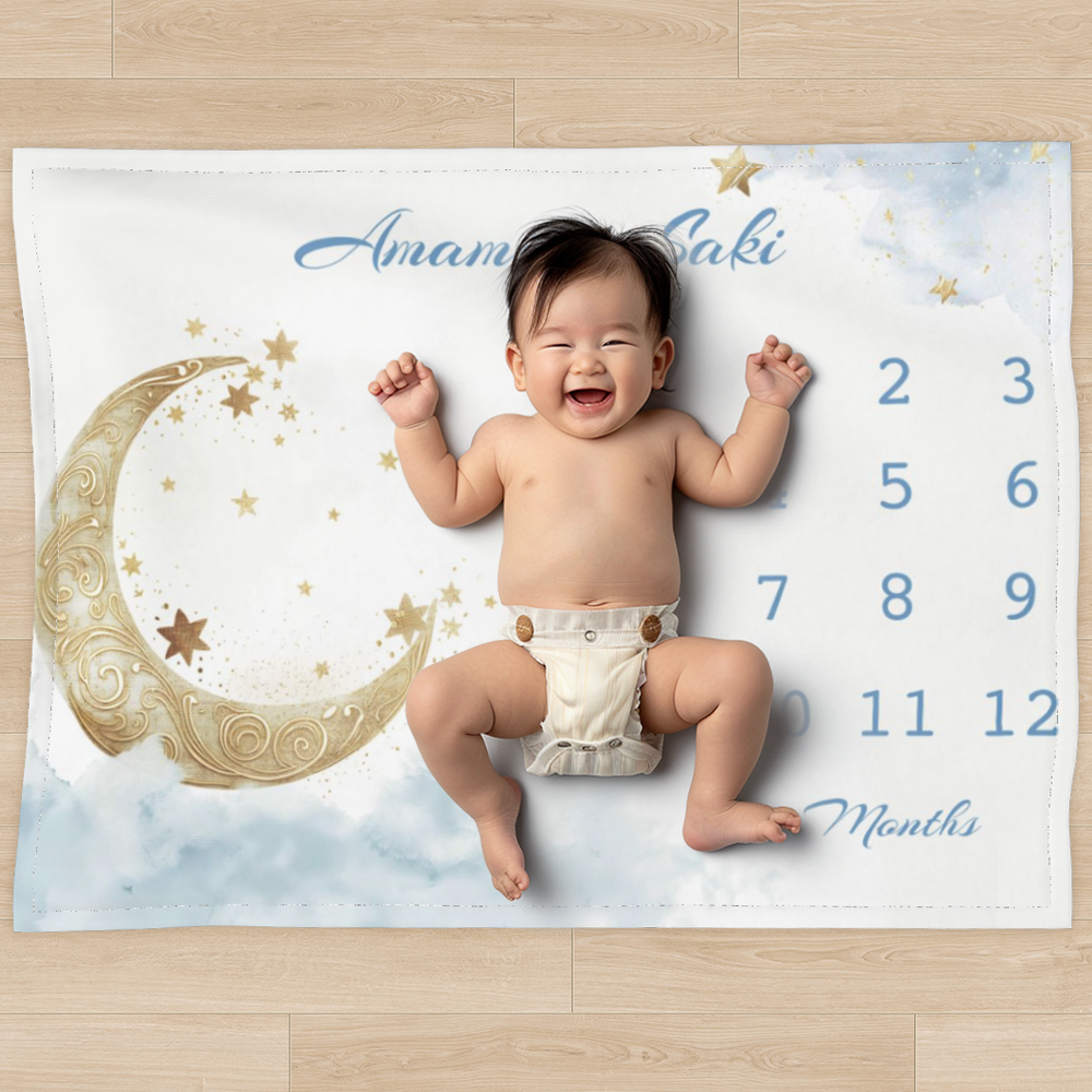 赤ちゃん名前入り寝相アートマット　月齢フォトブランケット　お月様
