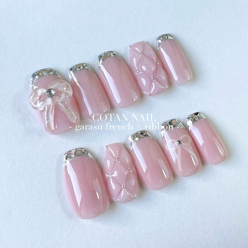 ガラスフレンチネイル リボンネイル キルティングネイル ピンク