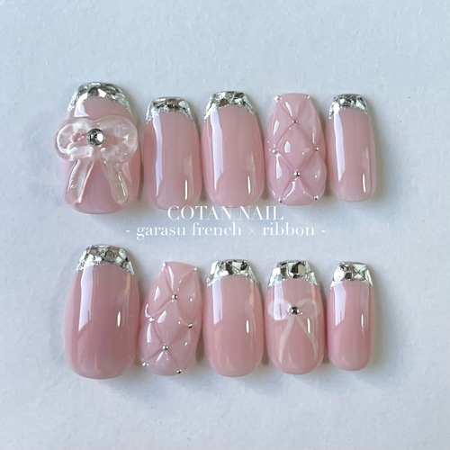 ガラスフレンチネイル リボンネイル キルティングネイル ピンク