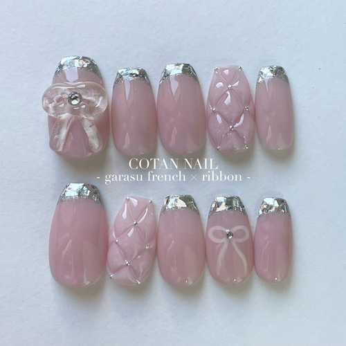 ガラスフレンチネイル リボンネイル キルティングネイル ピンクネイル
