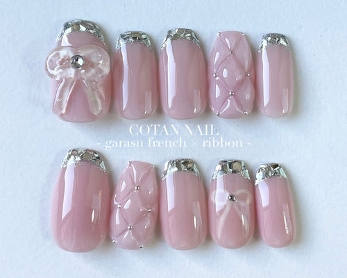 ワンホンネイル ガラスフレンチ キルティング イニシャル ネイルチップ